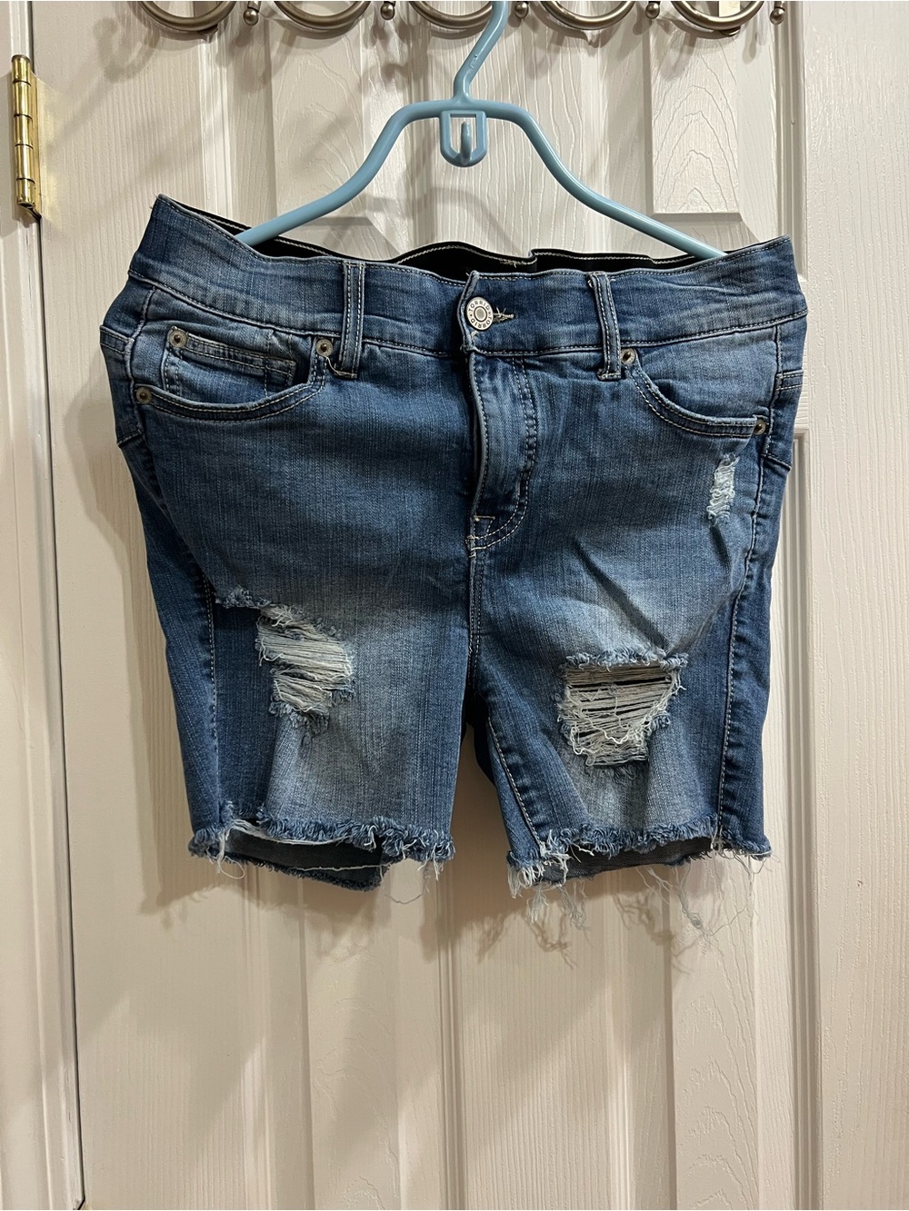 torrid Blue Distressed Denim Shorts with Frayed Hem
